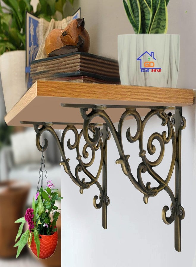GHAR DWAR Metal Handcrafted Shelf Bracket for The Floating Shelves L Angle Decorative L Shaped Corner Brace Joint Heavy Duty Wall Mounted Shelf Support Corner Brace Holder (Pack of 2, Brass Antiq) - Image 2